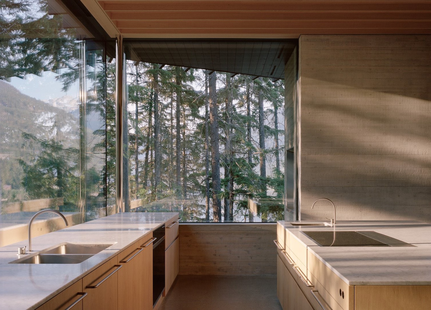 A quiet kitchen in pale wood looking out into a stand of pines